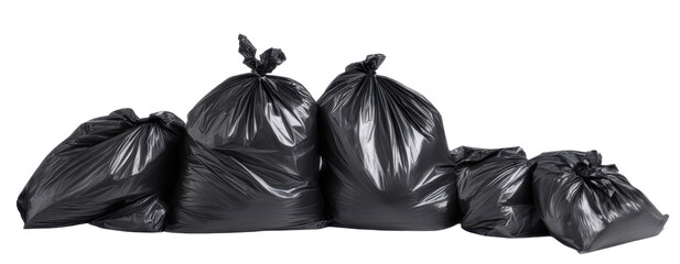 Row of full black garbage bags isolate on transparent background, cutout, png
