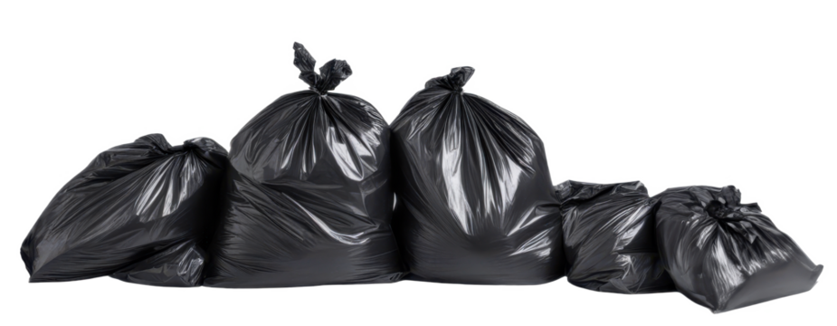 Row of full black garbage bags isolate on transparent background, cutout, png