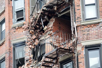 Close-up view of a collapsed brick building facade with twisted fire escape stairs and broken windows, highlighting the aftermath of structural damage.