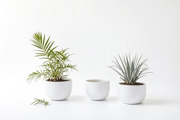Obraz premium Three potted plants on a white background