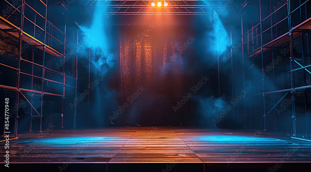 Fototapete Talk show set dark background with some scaffolding on top and backside seen through hint of light and platform at the front, warm light spot in the front. Generative AI.