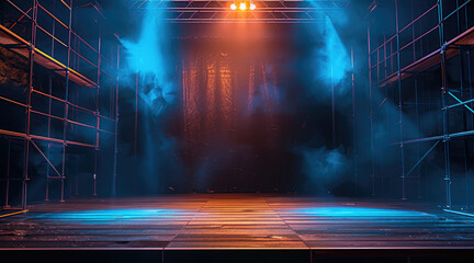 Talk show set dark background with some scaffolding on top and backside seen through hint of light and platform at the front, warm light spot in the front. Generative AI.