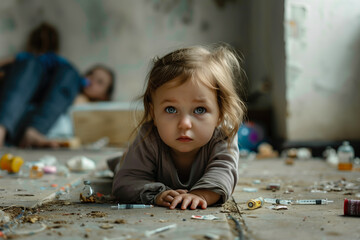 Little girl with sad look looks camera while in dirty apartment. Parents who are drug addicts. Concept of drug addiction, alcoholism and problem families. Deprivation of parental rights