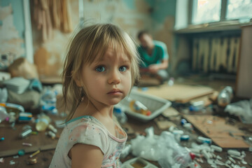 Little girl with sad look looks camera while in dirty apartment. Parents who are drug addicts. Concept of drug addiction, alcoholism and problem families. Deprivation of parental rights