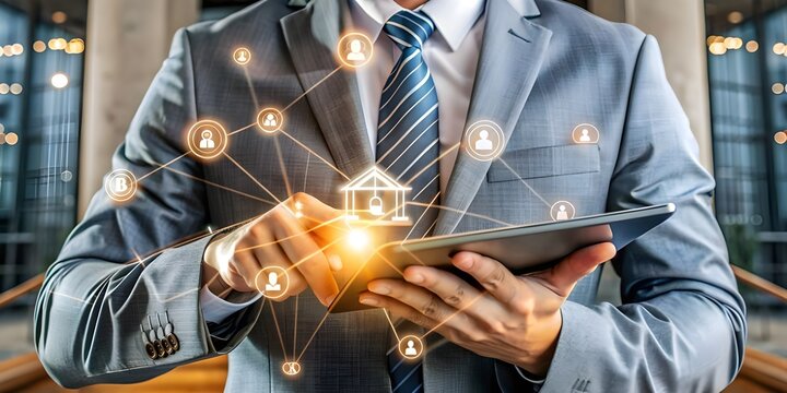 Businessman in a suit holding a tablet with a glowing bank hologram, futuristic background,Business Planning through Online Banking Technology. Analyzing Financial Data and Formulating Strategy.