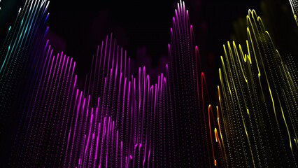 Obraz premium Abstract digital colorful wavy neon linesof abstract background with wavy and lines digital fractal particles. Moving design. Bright colors abstract background with glow strokes
