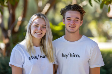 Young couple smiling wearing t-shirts with their gender pronouns, promoting inclusivity and respect for gender identity