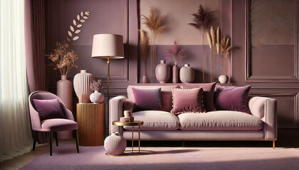Cozy living room with purple and pink tones featuring purple sofa