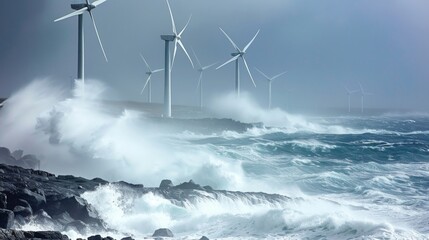 A row of wind turbines stand tall against a backdrop of crashing waves and a stormy sky. The wind is whipping up the water, creating a dramatic scene of power and energy.