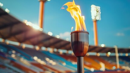 Naklejka premium Olympic torch burning in front of an empty stadium