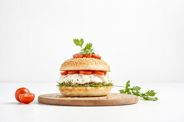Sesame Seed Bun Burger with Cherry Tomatoes and Parsley on Wooden Cutting Board