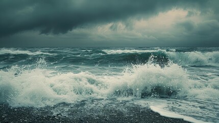 Obraz premium Stormy sea with wild waves crashing on the shore