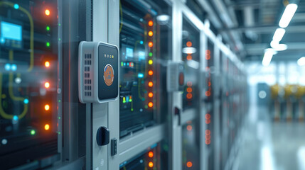 A network of interconnected IoT devices monitoring and regulating the temperature and humidity in a bank data center. Generative AI.