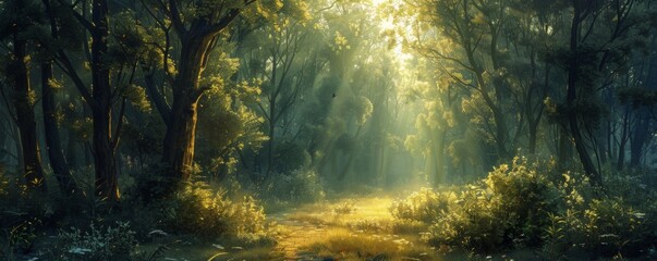 Sunlit clearing in a dense forest