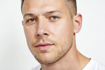 Obraz premium Close up portrait of a young man with stubble, looking directly at the camera