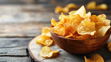 Potato chips served in a dish for snacking on a wooden surface