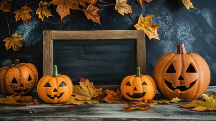 Blank chalkboard for framed lettering on dark blue background with small pumpkins and fall leaves....