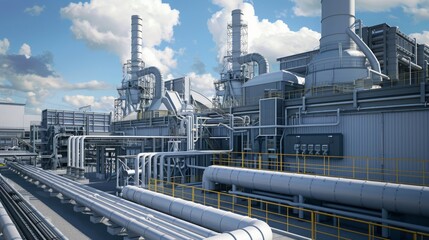 This is an image of an industrial plant with large pipes and a complex system of machinery. The image captures the scale and complexity of industrial operations.