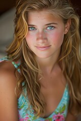 Close up portrait of young woman with blonde hair and blue eyes radiating joy in soft lavender light