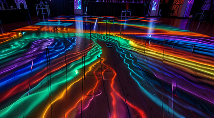 Design a modern dance floor with holographic waves pulsating to the rhythm of the music, creating a vibrant party atmosphere