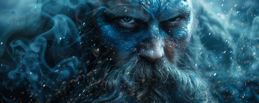 Abstract powerful warrior viking king portrait. Impressive man soldier portrait with blue color and intricate details.