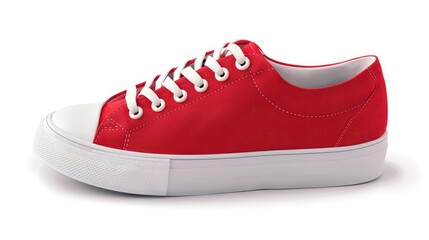 Red sports sneakers with white sole shadow on white background beauty fashion