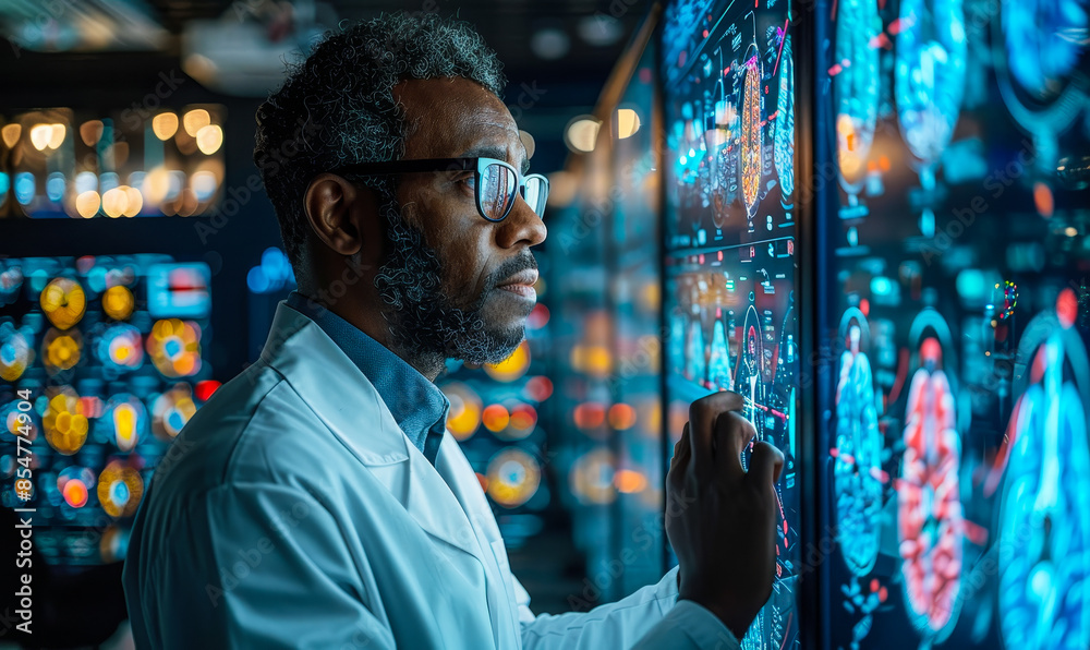 Poster chief project engineer briefs scientists on machine learning system with neural network model displa