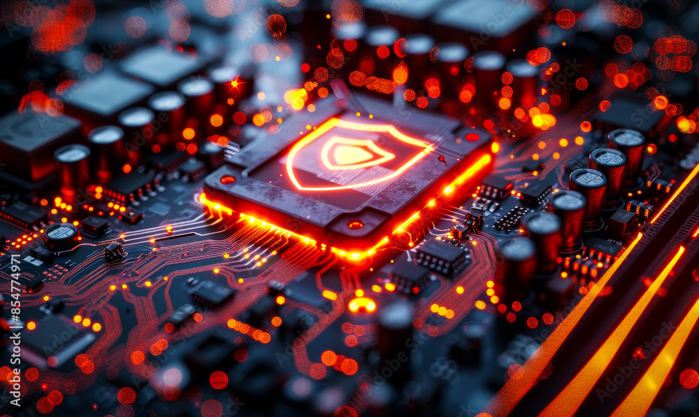 Poster digital security shield on microchip with data flow in futuristic motherboard - 3d render of advance