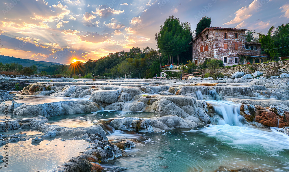 Wall mural thermal springs of saturnia at sunset with cascades and historic building in scenic natural landscap