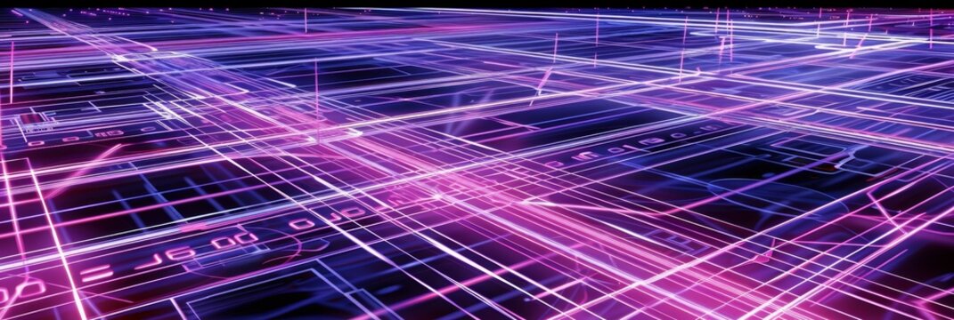 Vibrant neon binary code grid displayed amidst swirling abstract shapes in vivid and colorful hues