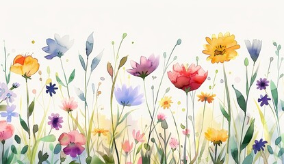 Fototapeta premium ilustración en acuarela de flores silvestres, con colores vibrantes y delicadas pinceladas que representan la belleza de la diversidad floral de la naturaleza en un entorno de campo abierto