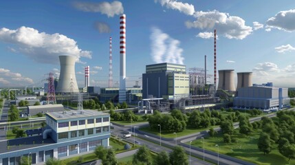 Obraz premium An aerial view of a large power plant complex with multiple cooling towers and tall chimneys, surrounded by trees and roads.