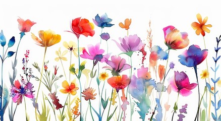ilustración en acuarela de flores silvestres, con colores vibrantes y delicadas pinceladas que representan la belleza de la diversidad floral de la naturaleza en un entorno de campo abierto