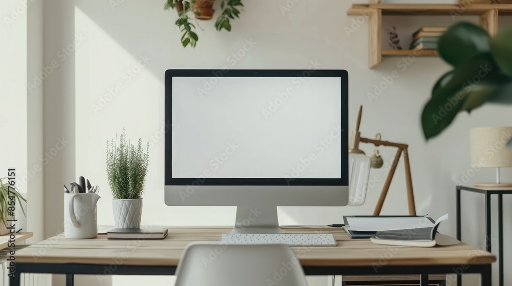 Wall mural close up minimalistic workspace with computer modern designer desktop with blank computer screen, of