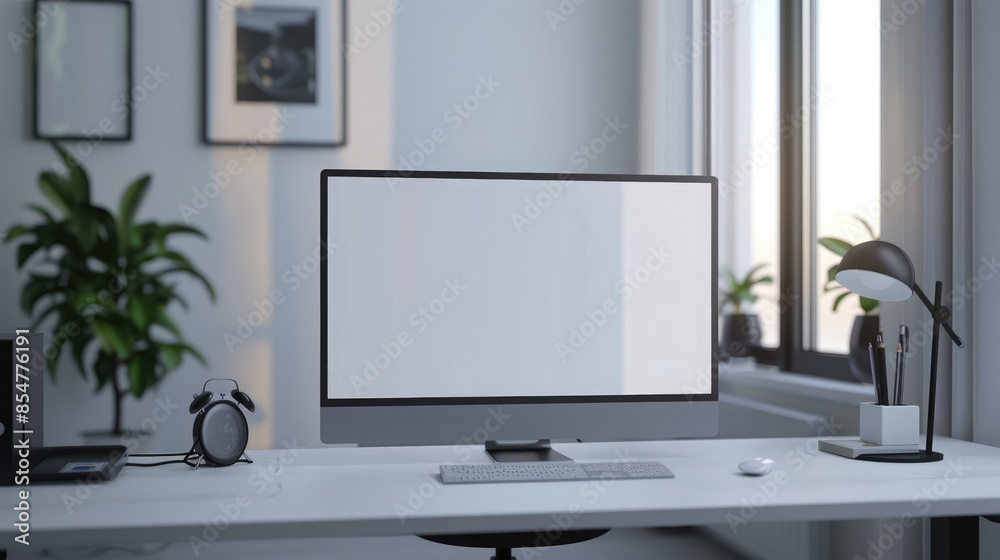 Wall mural close up minimalistic workspace with computer modern designer desktop with blank computer screen, of