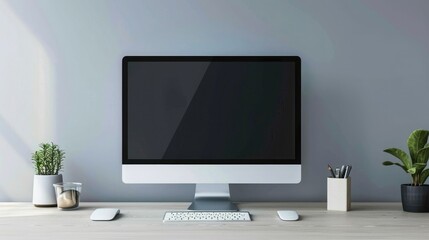 Fototapeta premium Close up Minimalistic workspace with computer modern designer desktop with blank computer screen, office equipment decorations on table. Mock up