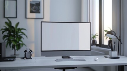 Close up Minimalistic workspace with computer modern designer desktop with blank computer screen, office equipment decorations on table. Mock up