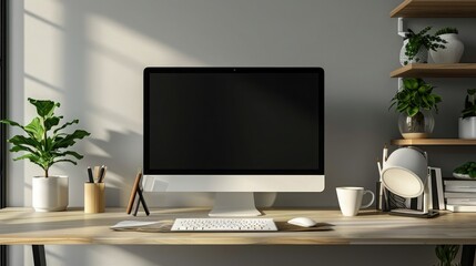 Close up Minimalistic workspace with computer modern designer desktop with blank computer screen, office equipment decorations on table. Mock up