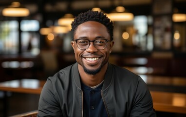 Obraz premium A man with glasses is smiling and sitting at a table