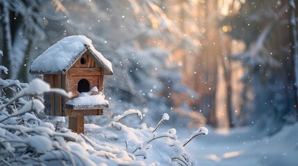 Naklejka premium Wooden Birdhouse in a Snowy Winter Forest, Sunlight and Snowflakes