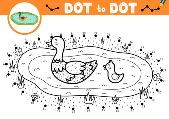 Dot to dot game for kids. Connect the dots and draw a mother duck with her duckling in the pond. Farm animal puzzle activity page. Vector illustration