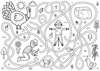 Help mother turkey to find a way to her baby poult. Farm maze black and white activity page for kids. Mini game for school and preschool in outline. Vector illustration