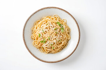 Top View of a Bowl of Spaghetti with Parmesan Cheese and Parsley