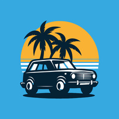 car with sunset and retro-style palm silhouette vector t shirt design