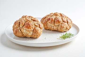 Two Freshly Baked Bread Rolls on a White Plate