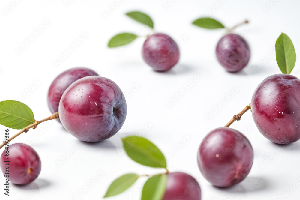 Sticker Fresh red plums with green leaves on white background