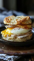 biscuit sandwich with egg, ham and cheese over a paper on wooden table