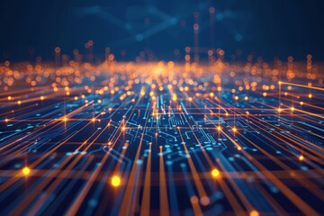 Luminous blue circuit board in abstract dark environment with subtle radiating light lines