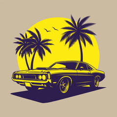 car with sunset and retro-style palm silhouette vector t shirt design