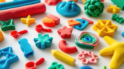 Naklejka premium Variety of colorful plasticine on white table close up Text space available